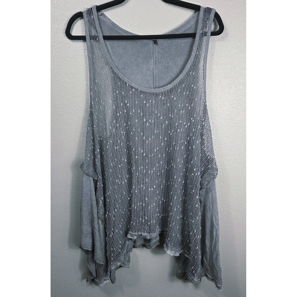 Italian Cotton Sequin Mesh Cold Shoulder Tunic Top Gray Oversized Boho Lagenlook